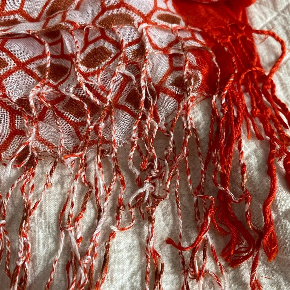 Boho Fringe Scarf Orange White Brown Geometric Rectangular Gauzy Patterned